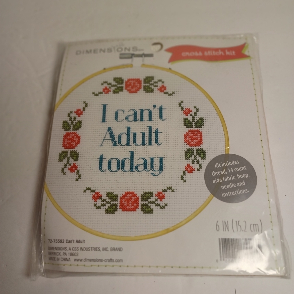 Cross Stitch Kit-Dimensions "I can't Adult today"--14 count--6" hoop included